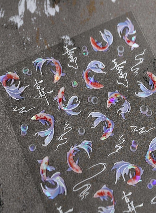 Maigitur 5D Embossed Fish Nail Stickers Koi Nail Art Stickers Self-Adhesive Chinese Nail Decals Chinese Style for Nail Art Bubble Nail Supplies Spring Stickers for Women Girls DIY Manicure - Image 4